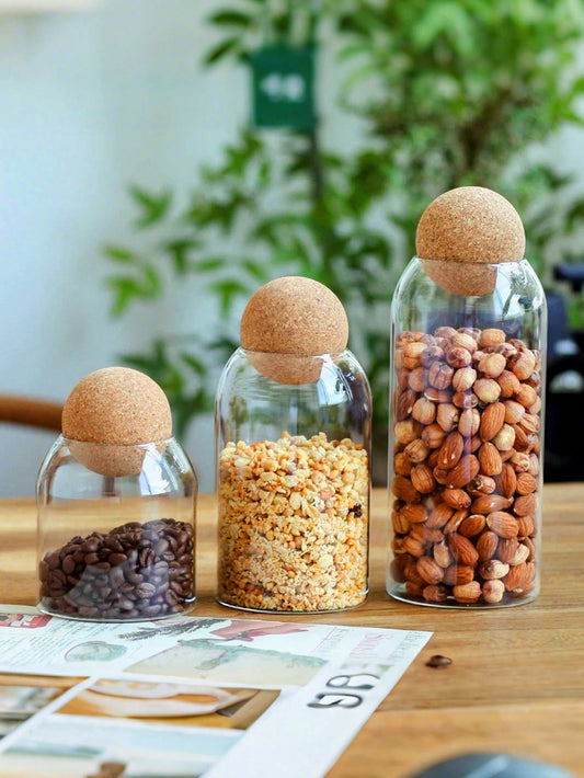 3pcs, 1200ml/41oz, 800ml/27oz, 500ml/17oz Glass Cups, Large Capacity Sealed Glass Storage Container With Spherical Cork Stopper, Reusable, Perfect For Storing Food, Coffee, Tea, Flowers, Nuts, Candies, Etc. - A Must-Have For Kitchen Storage