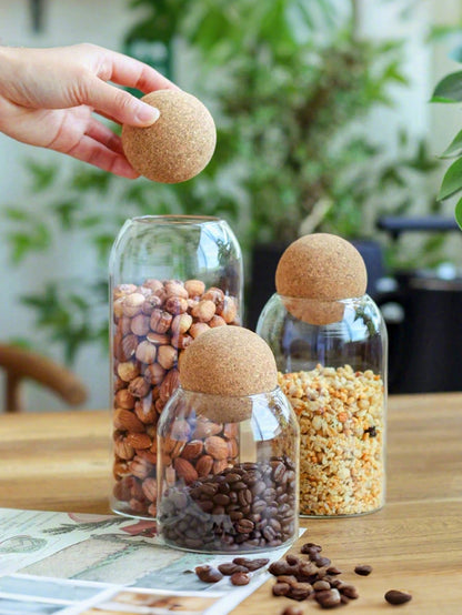 3pcs, 1200ml/41oz, 800ml/27oz, 500ml/17oz Glass Cups, Large Capacity Sealed Glass Storage Container With Spherical Cork Stopper, Reusable, Perfect For Storing Food, Coffee, Tea, Flowers, Nuts, Candies, Etc. - A Must-Have For Kitchen Storage