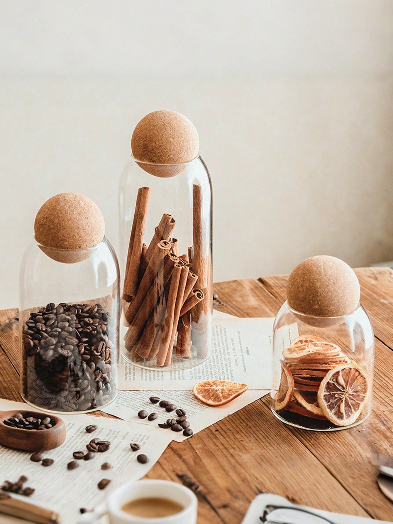 3pcs, 1200ml/41oz, 800ml/27oz, 500ml/17oz Glass Cups, Large Capacity Sealed Glass Storage Container With Spherical Cork Stopper, Reusable, Perfect For Storing Food, Coffee, Tea, Flowers, Nuts, Candies, Etc. - A Must-Have For Kitchen Storage