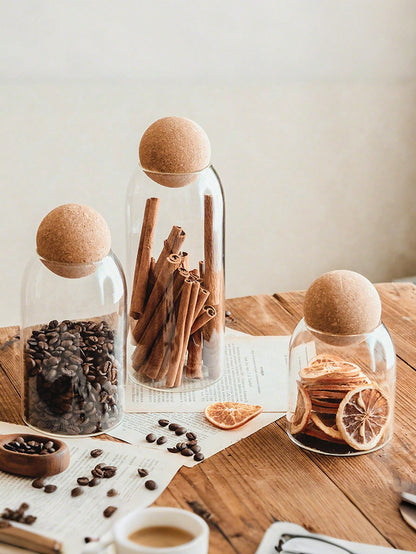 3pcs, 1200ml/41oz, 800ml/27oz, 500ml/17oz Glass Cups, Large Capacity Sealed Glass Storage Container With Spherical Cork Stopper, Reusable, Perfect For Storing Food, Coffee, Tea, Flowers, Nuts, Candies, Etc. - A Must-Have For Kitchen Storage