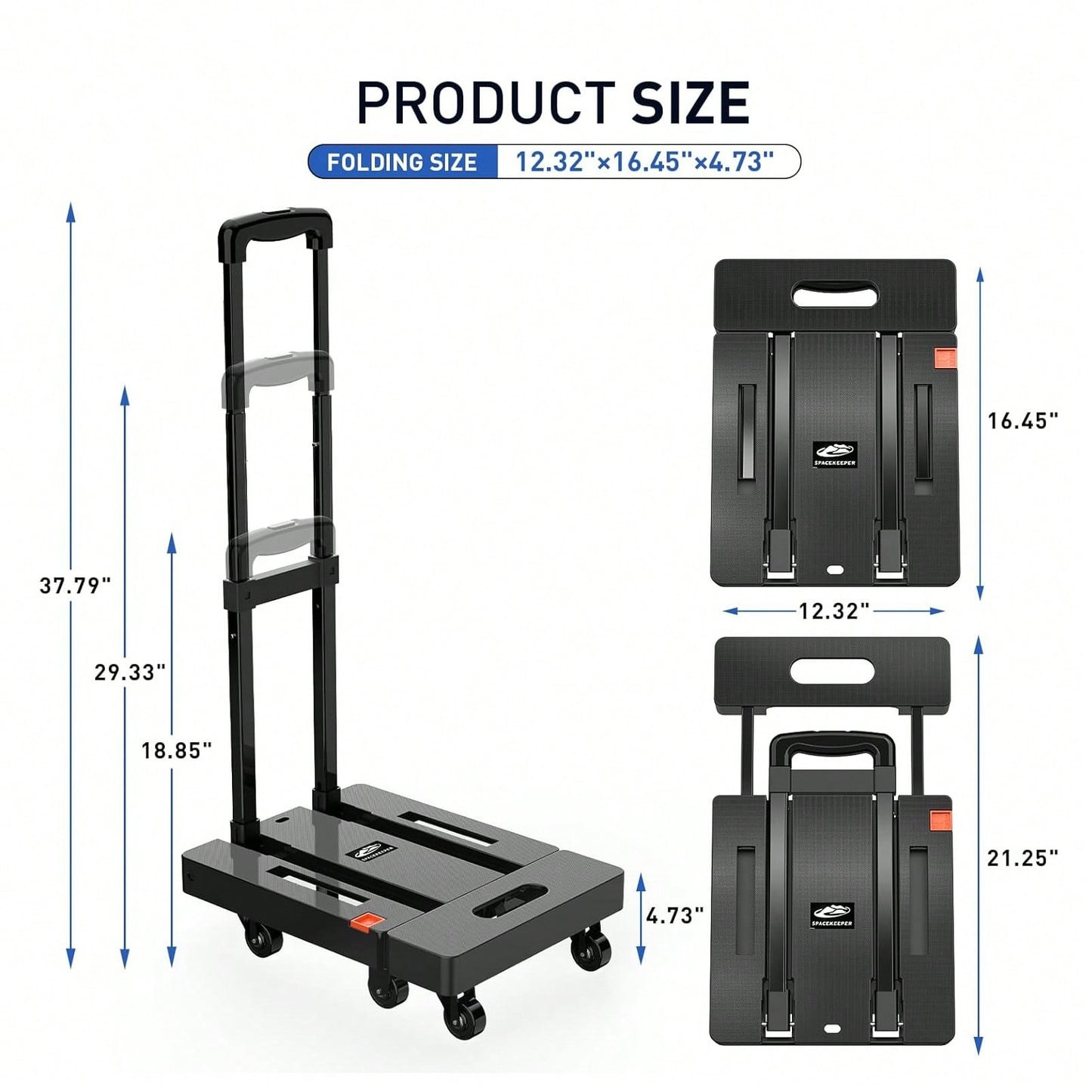 SPACEKEEPER Folding Hand Truck, 500 LB Heavy Duty Luggage Cart, Utility Dolly Platform Cart With 6 Wheels & 2 Elastic Ropes For Luggage, Travel, Moving, Shopping, Office Use