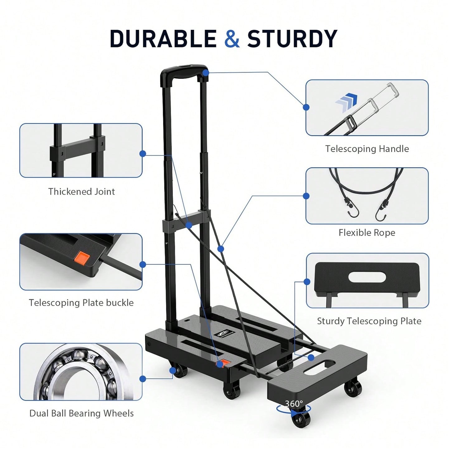SPACEKEEPER Folding Hand Truck, 500 LB Heavy Duty Luggage Cart, Utility Dolly Platform Cart With 6 Wheels & 2 Elastic Ropes For Luggage, Travel, Moving, Shopping, Office Use