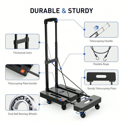 SPACEKEEPER Folding Hand Truck, 500 LB Heavy Duty Luggage Cart, Utility Dolly Platform Cart With 6 Wheels & 2 Elastic Ropes For Luggage, Travel, Moving, Shopping, Office Use