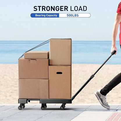 SPACEKEEPER Folding Hand Truck, 500 LB Heavy Duty Luggage Cart, Utility Dolly Platform Cart With 6 Wheels & 2 Elastic Ropes For Luggage, Travel, Moving, Shopping, Office Use