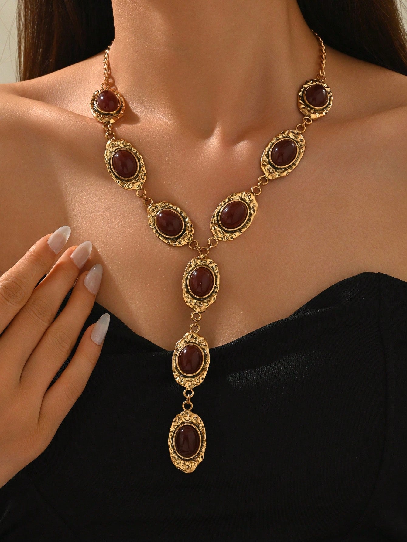 Vintage Geometric Faux Gemstone Y-Shaped Tassel Necklace | MIRA