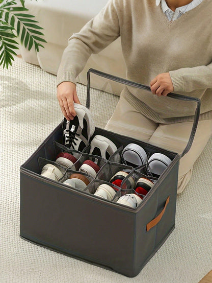 Foldable Fabric Shoe Box, Holds Up To 12 Or 16 Pairs Of Shoes, Large Capacity Fabric Shoe Box With Lid, Adjustable Dividers, Transparent Cover, Waterproof And Dustproof, Foldable Storage, Multi-Functional All-In-One Design, Suitable For Home, School, Dorm