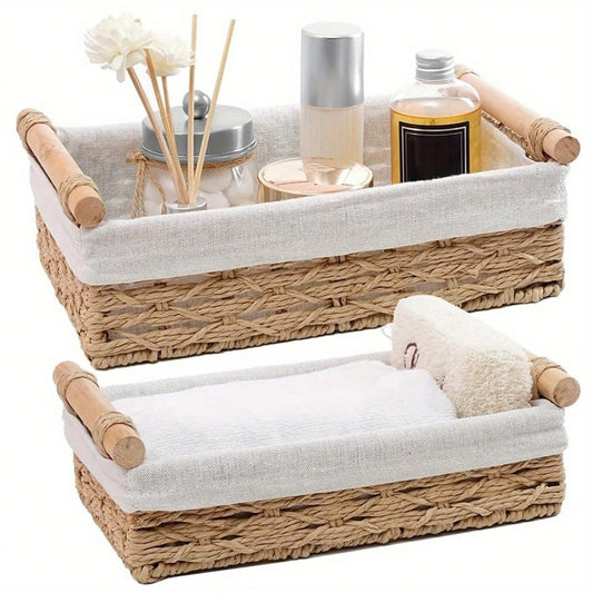 Set Of 2 Storage Basket Wicker Baskets For Organizing With Handle Decorative Storage Bins For Countertop Toilet Paper Storage Basket For Toilet Tank Top Small Baskets Set