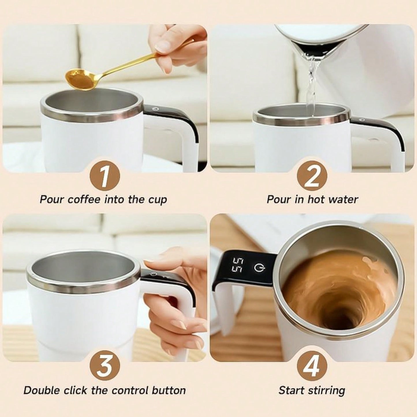 Automatic Magnetic Stirring Coffee Mug, Self Mixing Cup With Lid For Milk, Cocoa And Other Beverages - Stainless Steel
