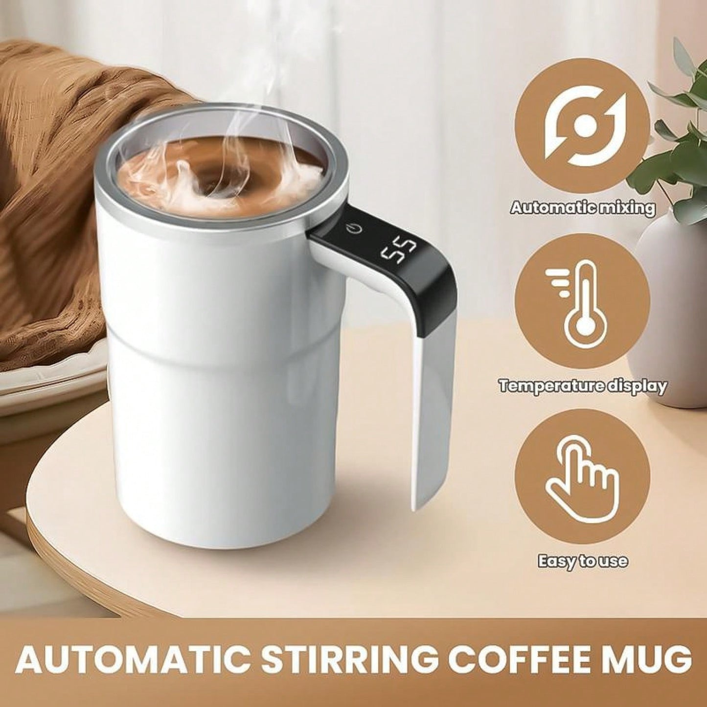 Automatic Magnetic Stirring Coffee Mug, Self Mixing Cup With Lid For Milk, Cocoa And Other Beverages - Stainless Steel