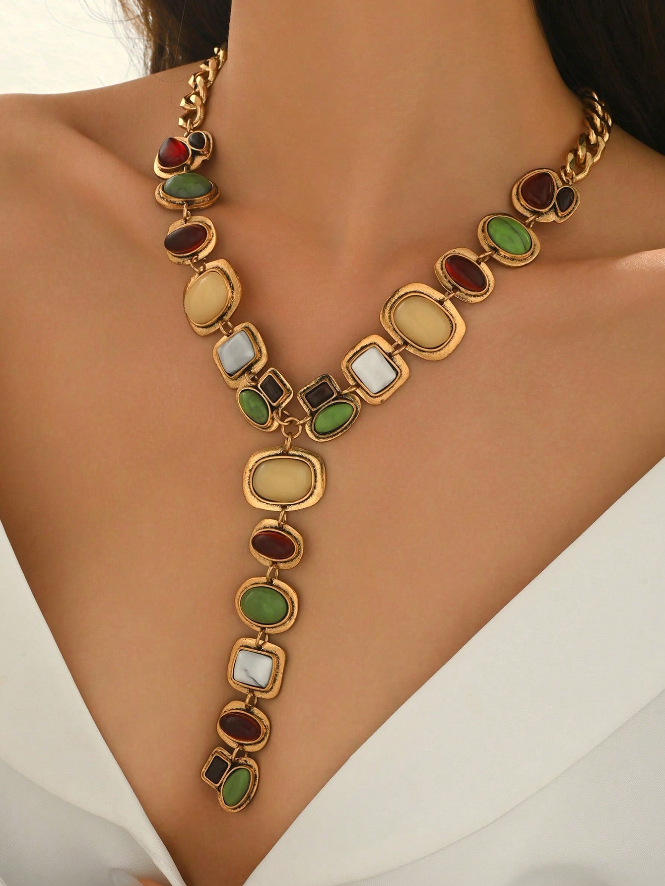 Vintage Geometric Faux Gemstone Y-Shaped Tassel Necklace | MIRA