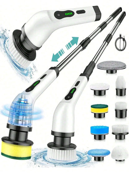 Electric Spin Scrubber, Cordless Cleaning Brush, Shower Cleaning Brush With 9 Or 6 Brush Heads 2H Power Dual Speed, Adjustable Extension Handle, 360 Cordless Cleaning Brush For Bathroom, Bathtub, Tiles, USB-C Charging Cable, Rotating Cleaning Brush, Thank