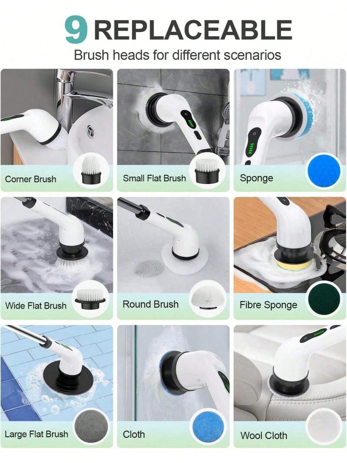 Electric Spin Scrubber, Cordless Cleaning Brush, Shower Cleaning Brush With 9 Or 6 Brush Heads 2H Power Dual Speed, Adjustable Extension Handle, 360 Cordless Cleaning Brush For Bathroom, Bathtub, Tiles, USB-C Charging Cable, Rotating Cleaning Brush, Thank