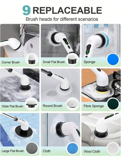Electric Spin Scrubber, Cordless Cleaning Brush, Shower Cleaning Brush With 9 Or 6 Brush Heads 2H Power Dual Speed, Adjustable Extension Handle, 360 Cordless Cleaning Brush For Bathroom, Bathtub, Tiles, USB-C Charging Cable, Rotating Cleaning Brush, Thank