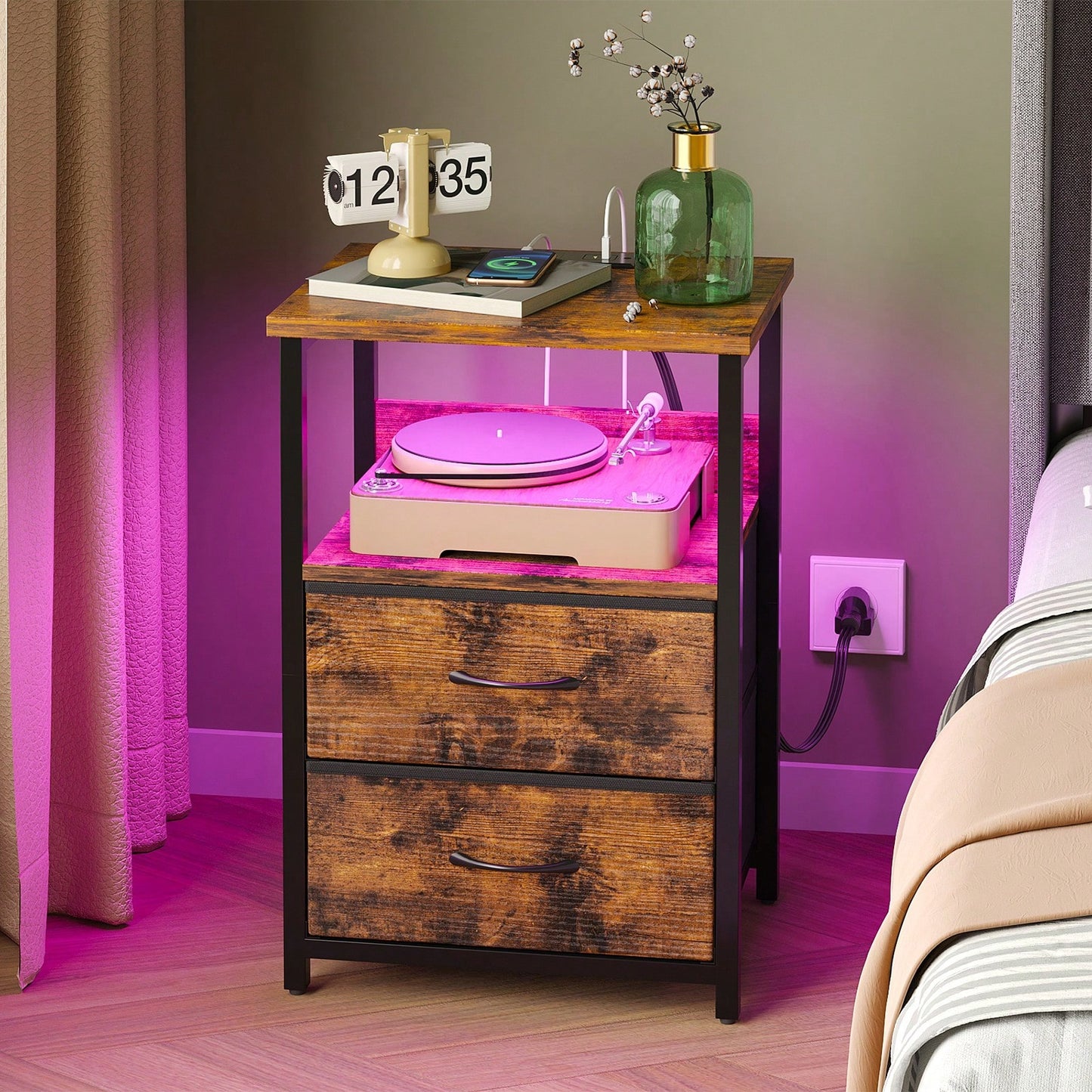 Tomnk Nightstand With Charging Station, LED Light, USB Ports & Outlets - Includes 2 Fabric Storage Drawers With PU Finish In Black / White / Rustic Brown