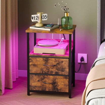 Tomnk Nightstand With Charging Station, LED Light, USB Ports & Outlets - Includes 2 Fabric Storage Drawers With PU Finish In Black / White / Rustic Brown