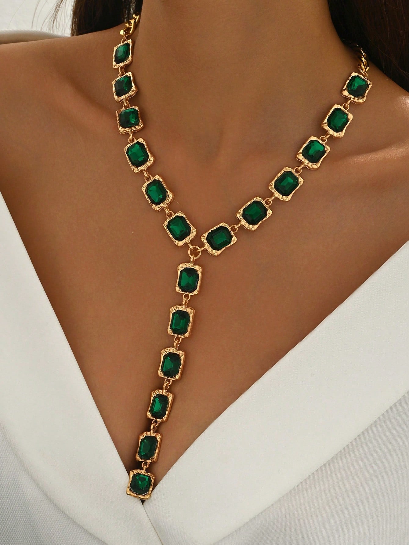 Vintage Geometric Faux Gemstone Y-Shaped Tassel Necklace | MIRA