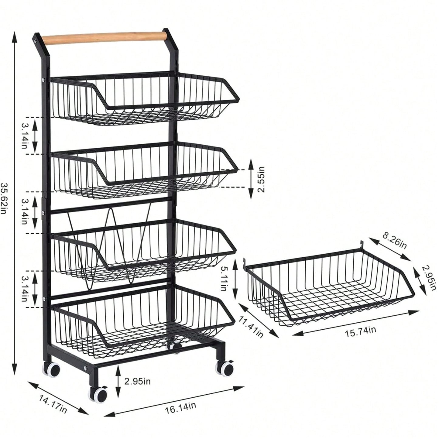 4-Tier Storage Cart With Wheels Rustproof Snack Cart Adjustable Vegetable Fruit Rack Rolling Pantry Utility Kitchen Cart With Solid Wood Handle, Detachable Fruit Baskets, 360°Movable