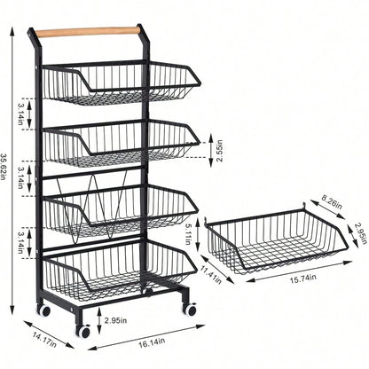 4-Tier Storage Cart With Wheels Rustproof Snack Cart Adjustable Vegetable Fruit Rack Rolling Pantry Utility Kitchen Cart With Solid Wood Handle, Detachable Fruit Baskets, 360°Movable