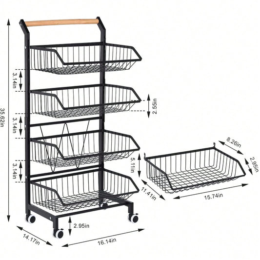 4-Tier Storage Cart With Wheels Rustproof Snack Cart Adjustable Vegetable Fruit Rack Rolling Pantry Utility Kitchen Cart With Solid Wood Handle, Detachable Fruit Baskets, 360°Movable