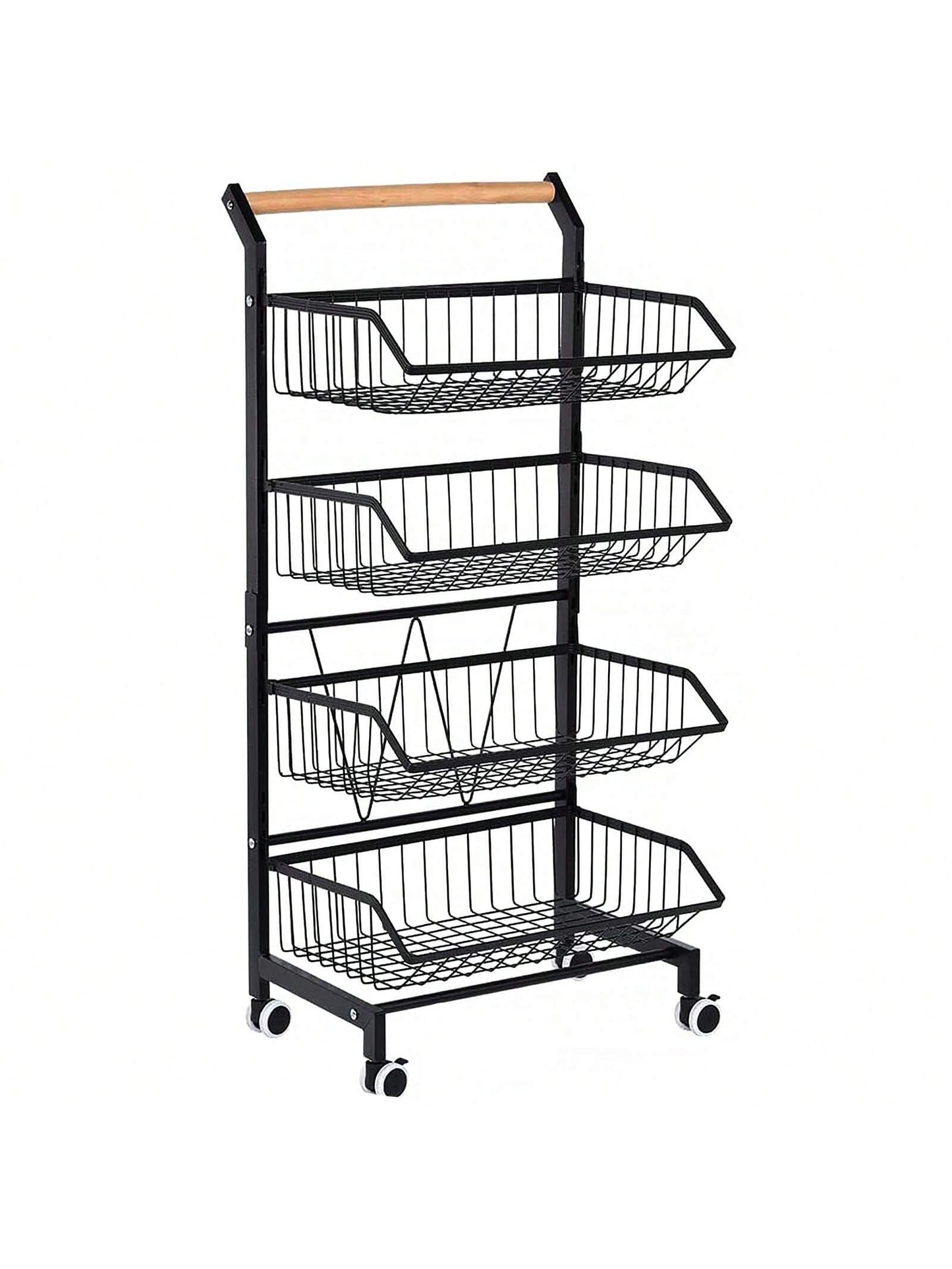 4-Tier Storage Cart With Wheels Rustproof Snack Cart Adjustable Vegetable Fruit Rack Rolling Pantry Utility Kitchen Cart With Solid Wood Handle, Detachable Fruit Baskets, 360°Movable