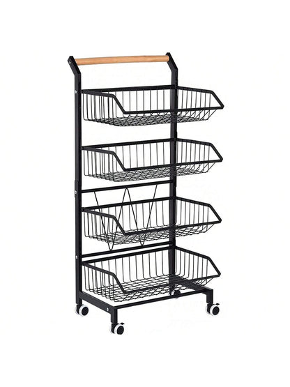 4-Tier Storage Cart With Wheels Rustproof Snack Cart Adjustable Vegetable Fruit Rack Rolling Pantry Utility Kitchen Cart With Solid Wood Handle, Detachable Fruit Baskets, 360°Movable