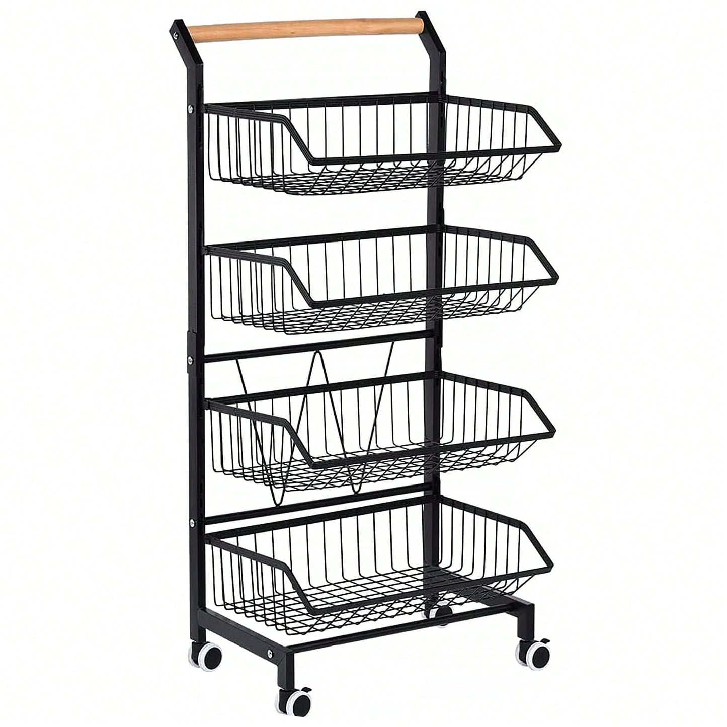 4-Tier Storage Cart With Wheels Rustproof Snack Cart Adjustable Vegetable Fruit Rack Rolling Pantry Utility Kitchen Cart With Solid Wood Handle, Detachable Fruit Baskets, 360°Movable
