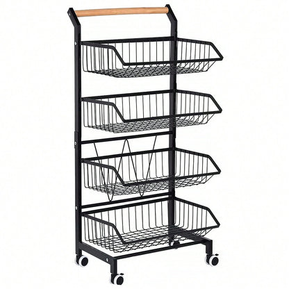 4-Tier Storage Cart With Wheels Rustproof Snack Cart Adjustable Vegetable Fruit Rack Rolling Pantry Utility Kitchen Cart With Solid Wood Handle, Detachable Fruit Baskets, 360°Movable