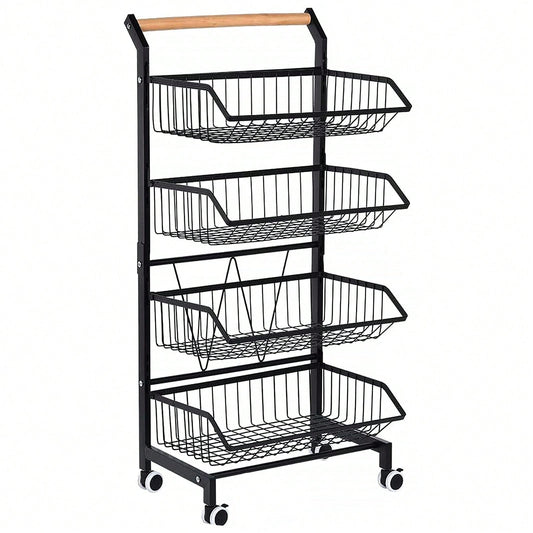 4-Tier Storage Cart With Wheels Rustproof Snack Cart Adjustable Vegetable Fruit Rack Rolling Pantry Utility Kitchen Cart With Solid Wood Handle, Detachable Fruit Baskets, 360°Movable