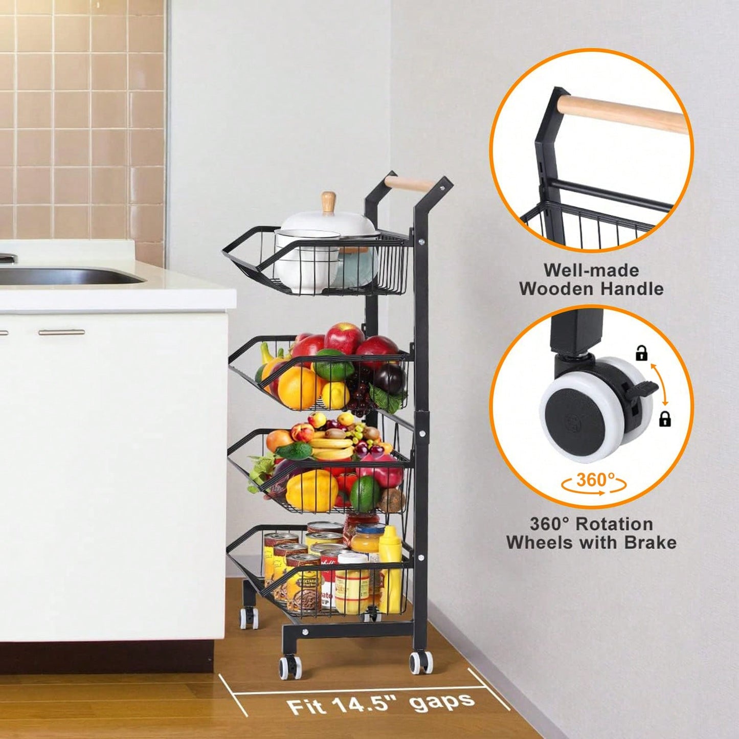 4-Tier Storage Cart With Wheels Rustproof Snack Cart Adjustable Vegetable Fruit Rack Rolling Pantry Utility Kitchen Cart With Solid Wood Handle, Detachable Fruit Baskets, 360°Movable