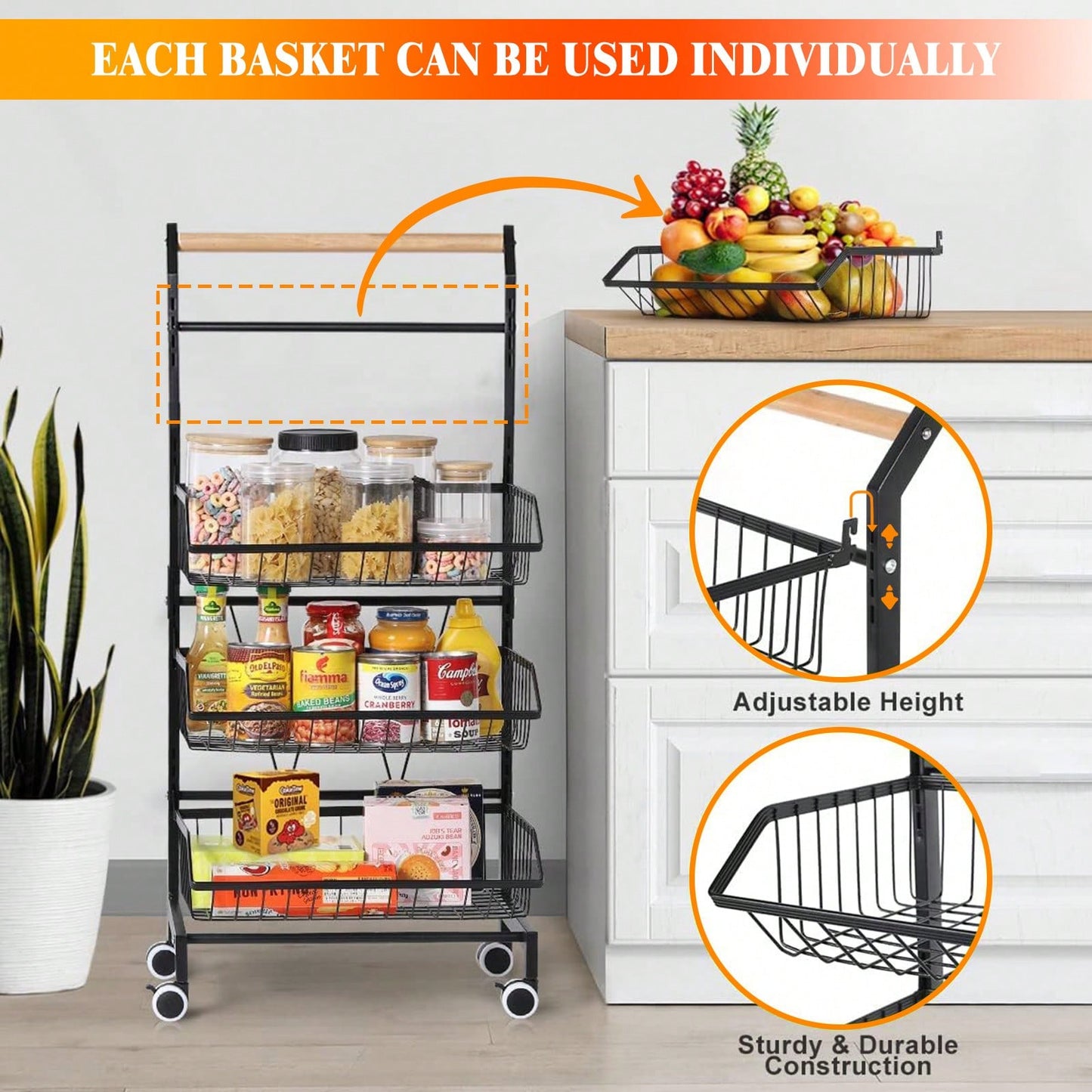 4-Tier Storage Cart With Wheels Rustproof Snack Cart Adjustable Vegetable Fruit Rack Rolling Pantry Utility Kitchen Cart With Solid Wood Handle, Detachable Fruit Baskets, 360°Movable