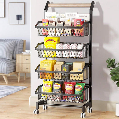 4-Tier Storage Cart With Wheels Rustproof Snack Cart Adjustable Vegetable Fruit Rack Rolling Pantry Utility Kitchen Cart With Solid Wood Handle, Detachable Fruit Baskets, 360°Movable