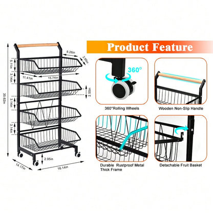 4-Tier Storage Cart With Wheels Rustproof Snack Cart Adjustable Vegetable Fruit Rack Rolling Pantry Utility Kitchen Cart With Solid Wood Handle, Detachable Fruit Baskets, 360°Movable