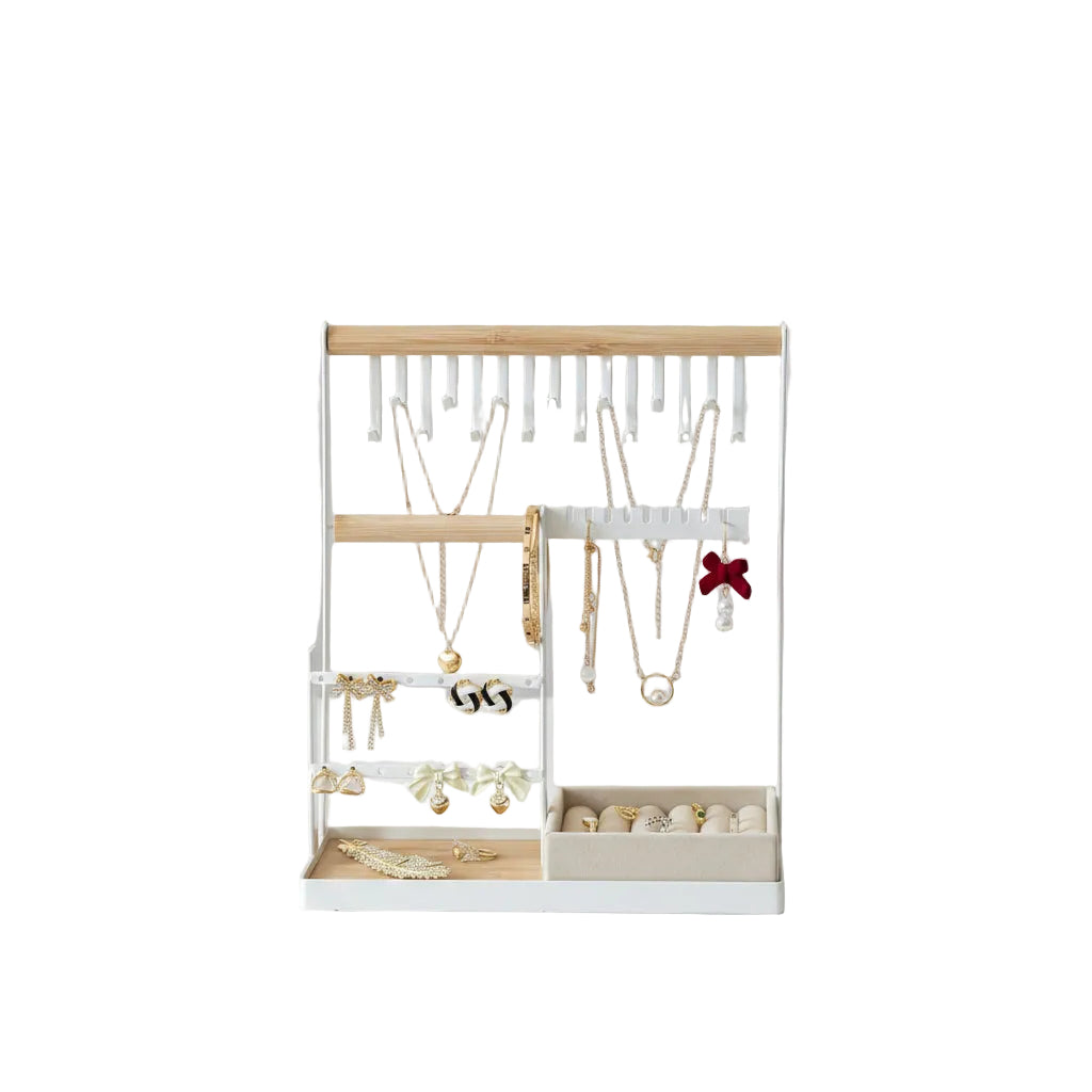 4-Tier Jewelry Stand Holder with Ring Tray | 10 Hooks Necklace Organizer – MIRA