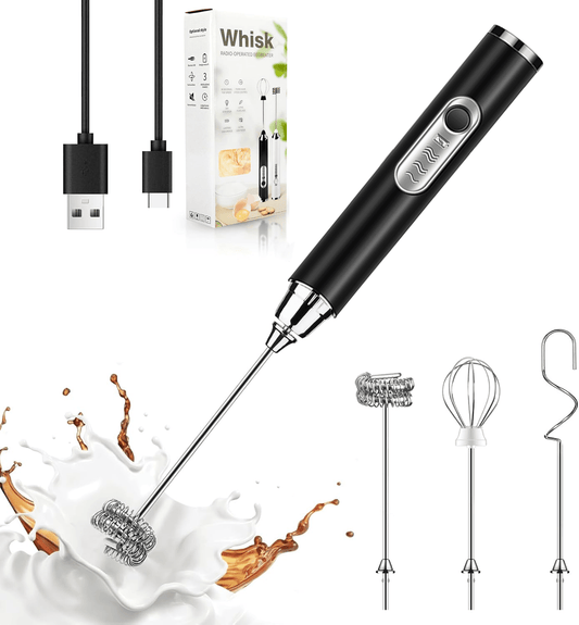 Multifunctional Rechargeable Handheld Milk Frother With Detachable 3 Whisk Heads | 3 Speeds Electric Coffee Mixer, Detachable Stainless Steel Whisk For Latte, Cappuccino, Matcha, Eggs (Black)