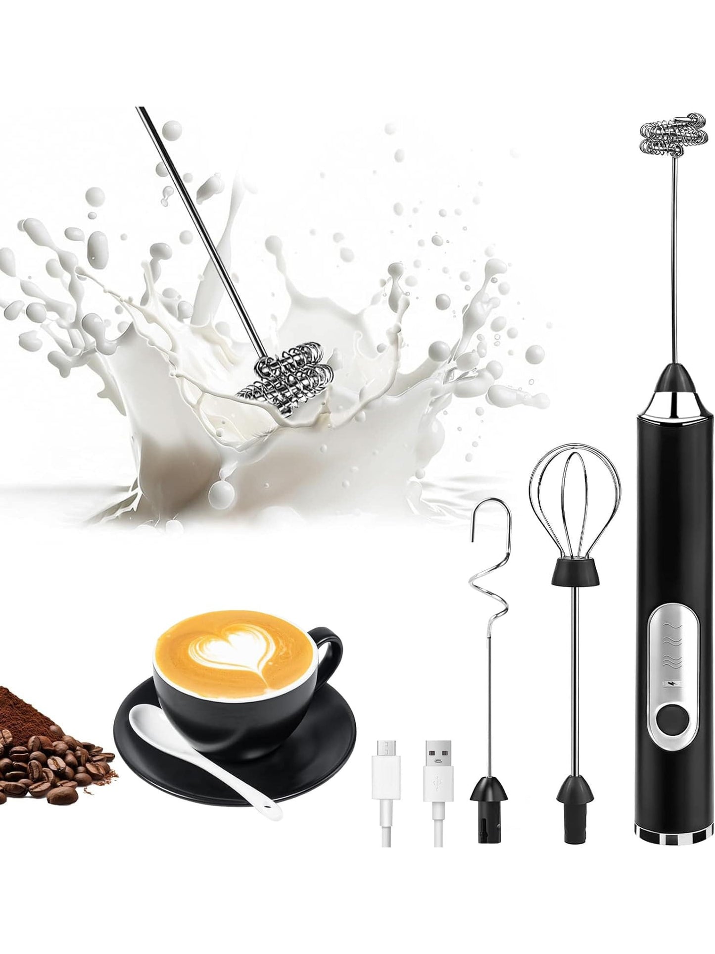 Multifunctional Rechargeable Handheld Milk Frother With Detachable 3 Whisk Heads | 3 Speeds Electric Coffee Mixer, Detachable Stainless Steel Whisk For Latte, Cappuccino, Matcha, Eggs (Black)