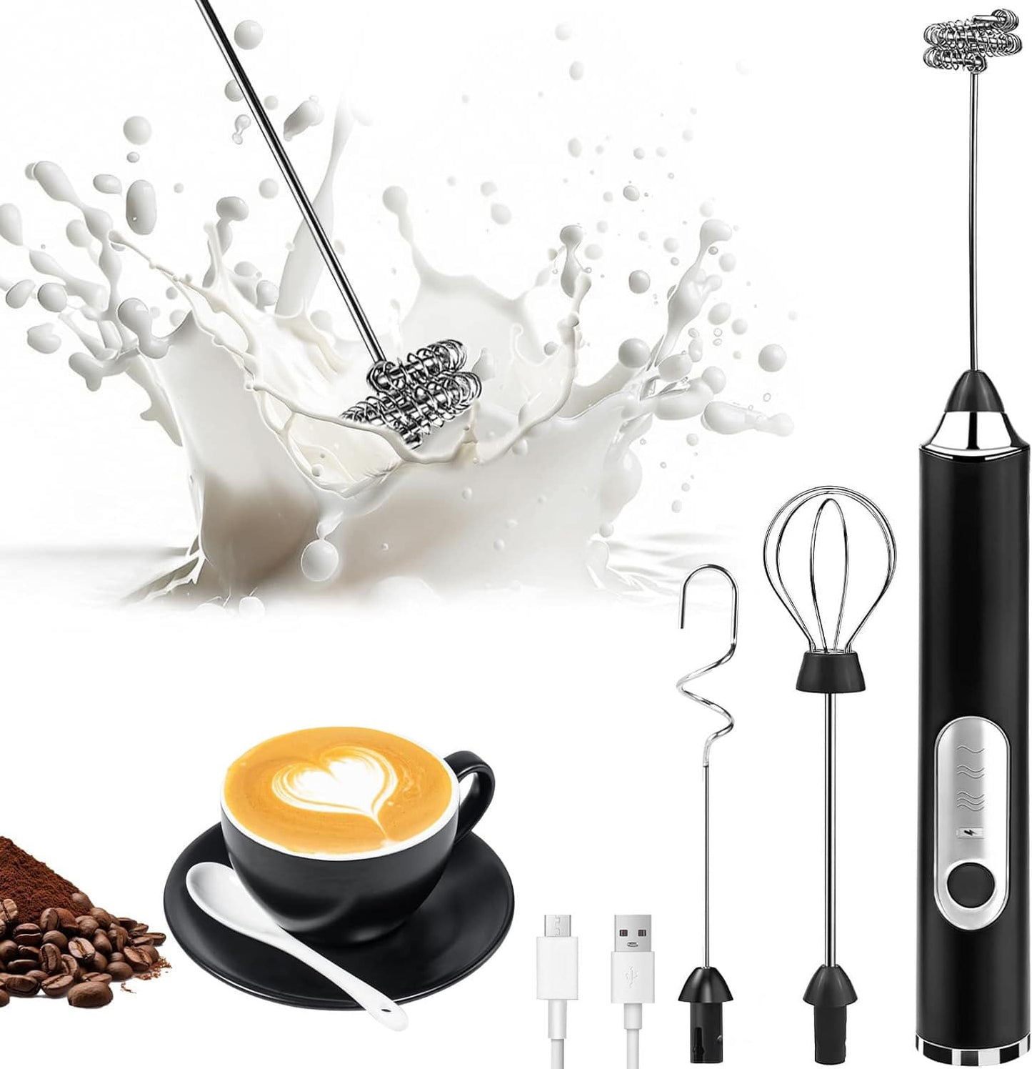 Multifunctional Rechargeable Handheld Milk Frother With Detachable 3 Whisk Heads | 3 Speeds Electric Coffee Mixer, Detachable Stainless Steel Whisk For Latte, Cappuccino, Matcha, Eggs (Black)