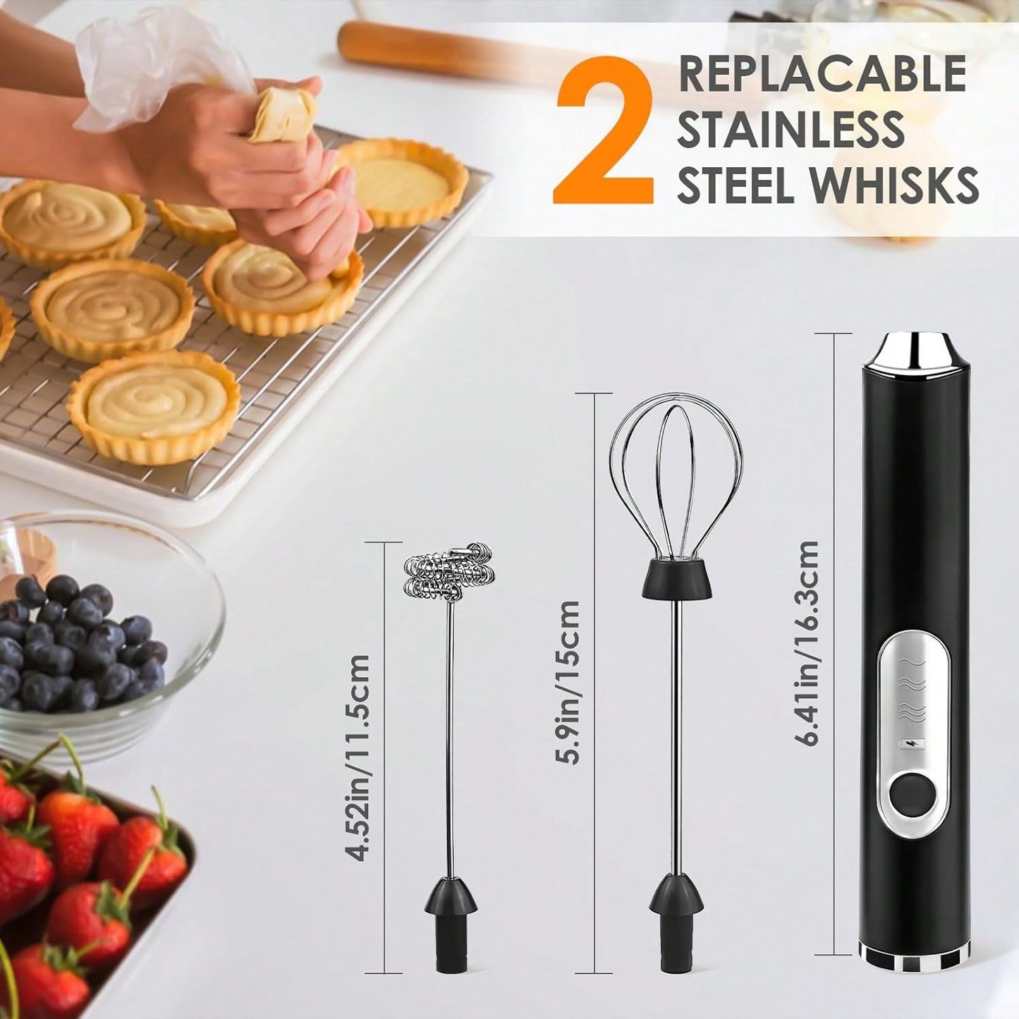 Multifunctional Rechargeable Handheld Milk Frother With Detachable 3 Whisk Heads | 3 Speeds Electric Coffee Mixer, Detachable Stainless Steel Whisk For Latte, Cappuccino, Matcha, Eggs (Black)