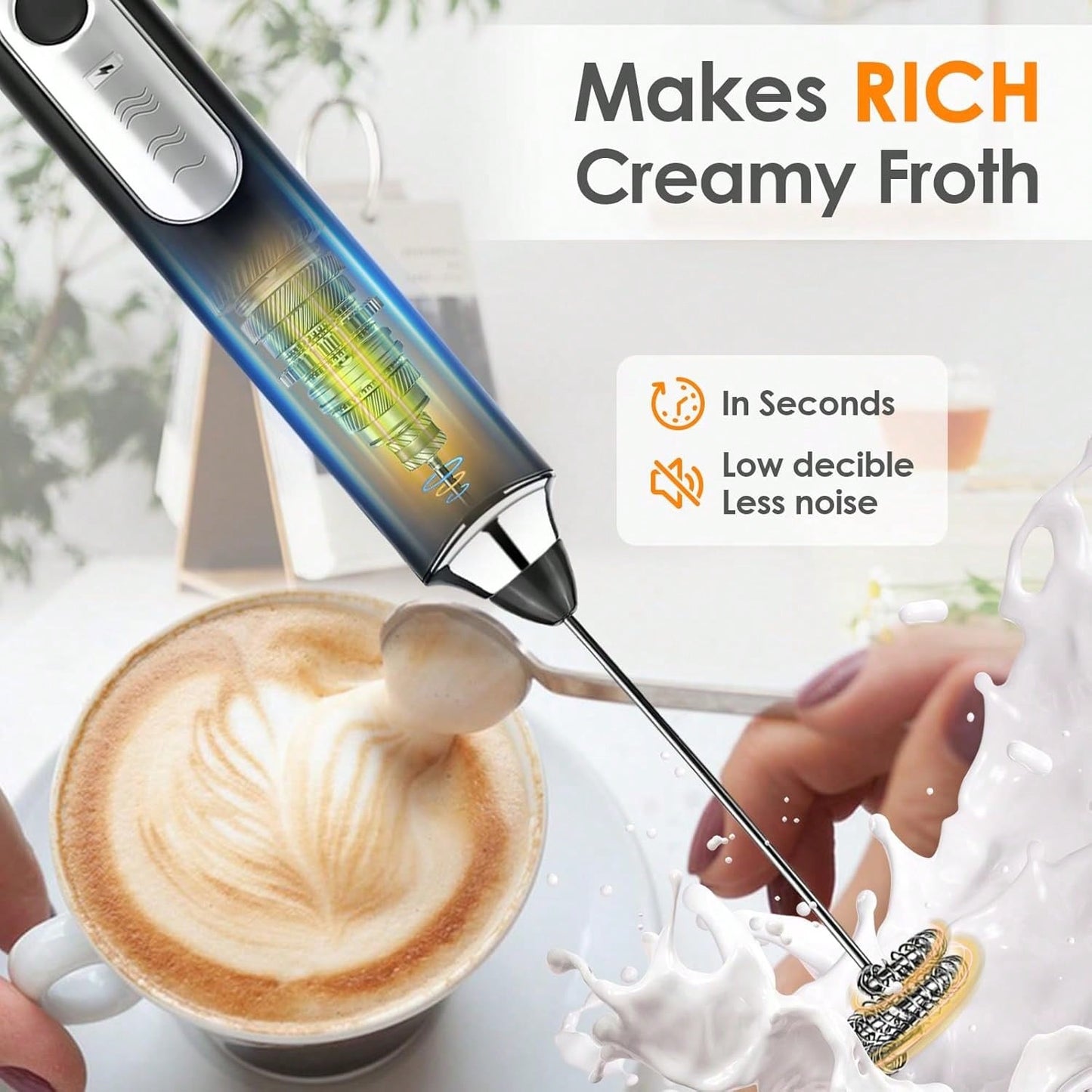 Multifunctional Rechargeable Handheld Milk Frother With Detachable 3 Whisk Heads | 3 Speeds Electric Coffee Mixer, Detachable Stainless Steel Whisk For Latte, Cappuccino, Matcha, Eggs (Black)