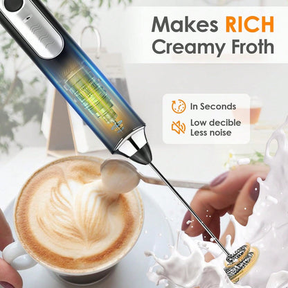 Multifunctional Rechargeable Handheld Milk Frother With Detachable 3 Whisk Heads | 3 Speeds Electric Coffee Mixer, Detachable Stainless Steel Whisk For Latte, Cappuccino, Matcha, Eggs (Black)