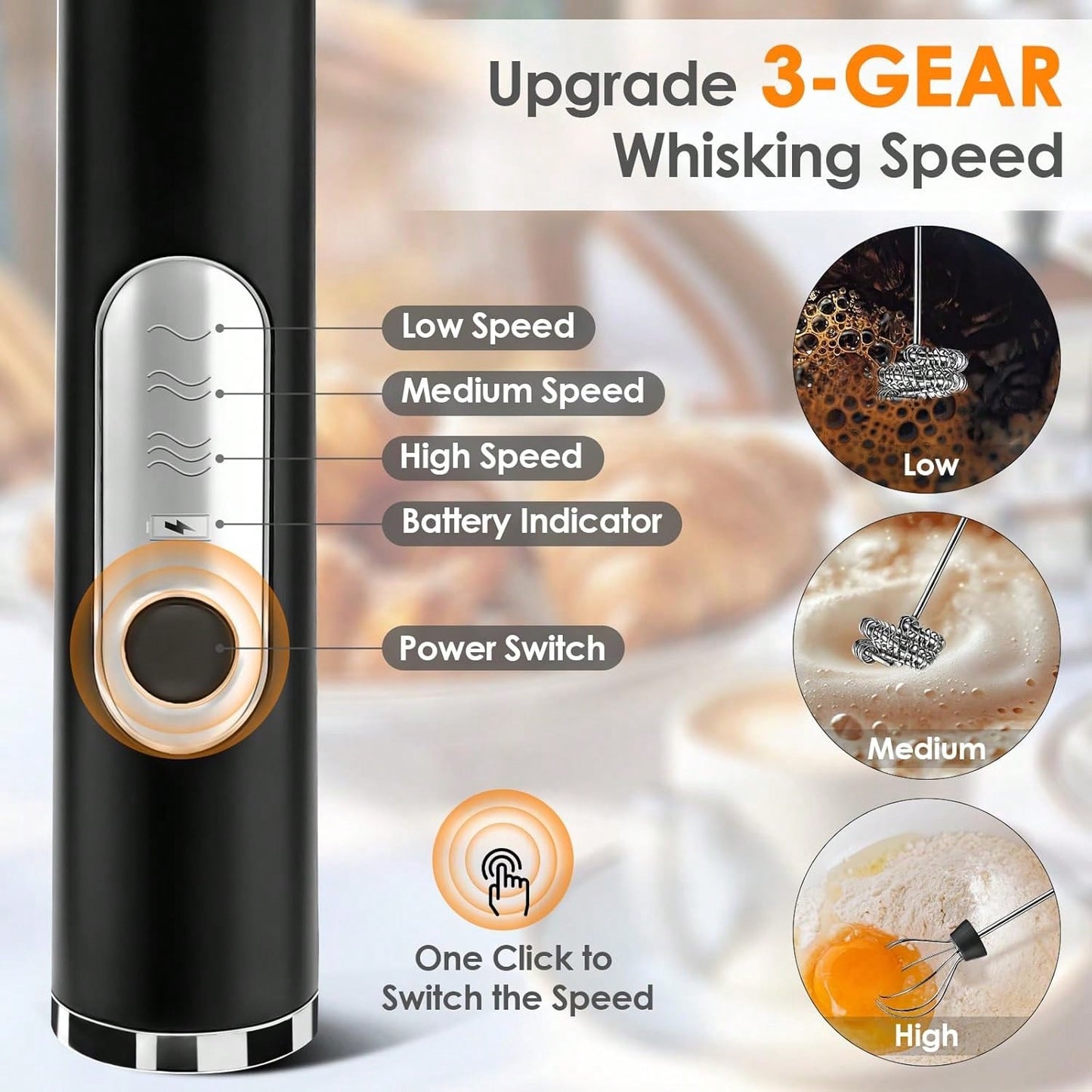 Multifunctional Rechargeable Handheld Milk Frother With Detachable 3 Whisk Heads | 3 Speeds Electric Coffee Mixer, Detachable Stainless Steel Whisk For Latte, Cappuccino, Matcha, Eggs (Black)