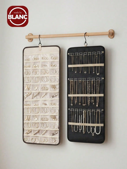 Madebyblanc Large Capacity Jewelry Organizer Hanging Bag - Double-Sided Wall-Mounted Closet Storage With Hooks For Earrings/Necklaces/Rings | Dustproof Premium Polyester Door Organizer (Black Valentine's Gift Idea)