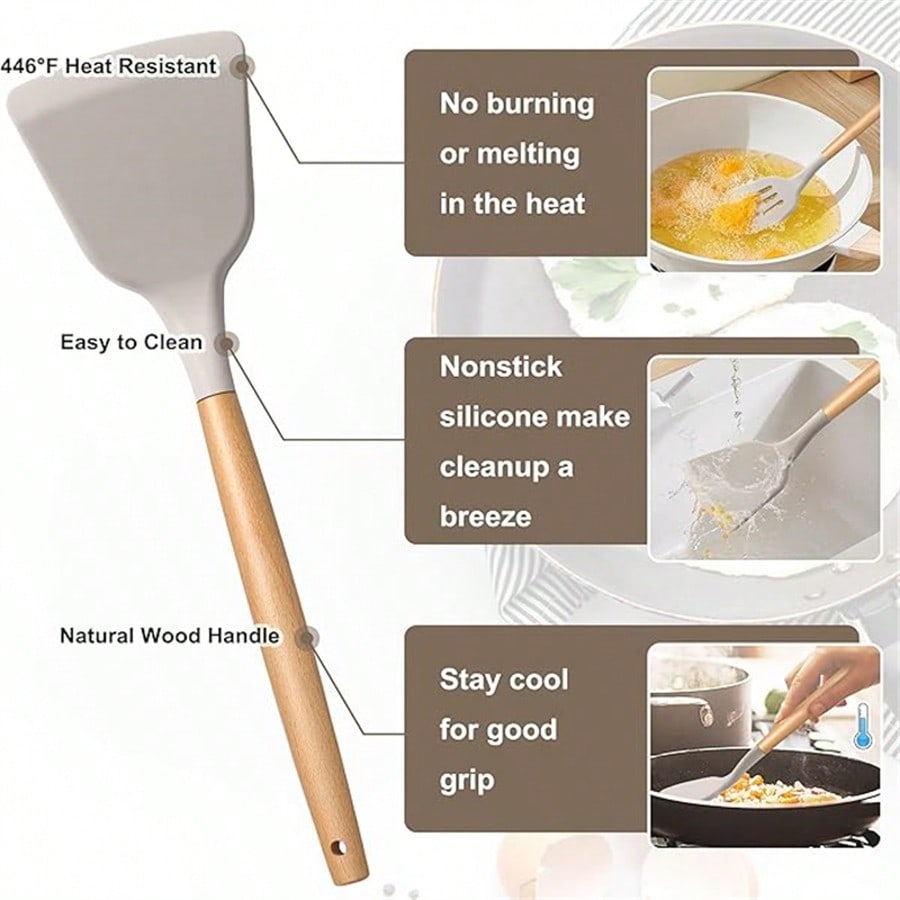 Silicone Cooking Utensil Set,12 PCS Cooking Cookware Kitchen Utensils Set For Cooking, Nonstick 446°F Heat-Resistant Cookware Kitchen Tools Of Spoon,Brush,Whisk,Spatula,Turner Tongs (Khaki)