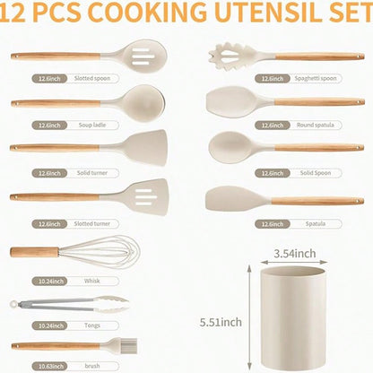 Silicone Cooking Utensil Set,12 PCS Cooking Cookware Kitchen Utensils Set For Cooking, Nonstick 446°F Heat-Resistant Cookware Kitchen Tools Of Spoon,Brush,Whisk,Spatula,Turner Tongs (Khaki)