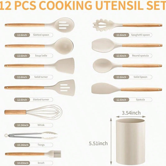 Silicone Cooking Utensil Set,12 PCS Cooking Cookware Kitchen Utensils Set For Cooking, Nonstick 446°F Heat-Resistant Cookware Kitchen Tools Of Spoon,Brush,Whisk,Spatula,Turner Tongs (Khaki)