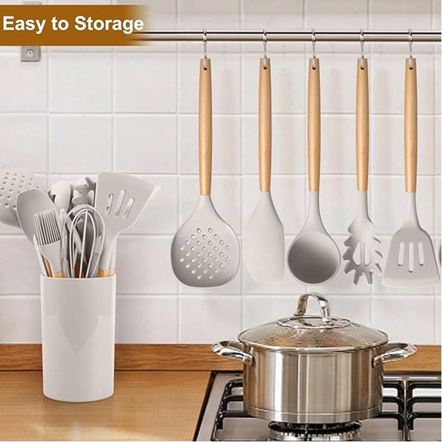 Silicone Cooking Utensil Set,12 PCS Cooking Cookware Kitchen Utensils Set For Cooking, Nonstick 446°F Heat-Resistant Cookware Kitchen Tools Of Spoon,Brush,Whisk,Spatula,Turner Tongs (Khaki)