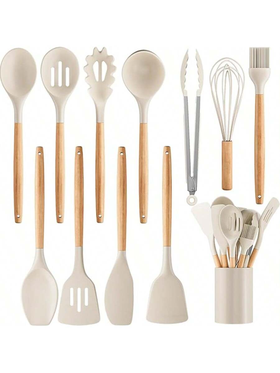 Silicone Cooking Utensil Set,12 PCS Cooking Cookware Kitchen Utensils Set For Cooking, Nonstick 446°F Heat-Resistant Cookware Kitchen Tools Of Spoon,Brush,Whisk,Spatula,Turner Tongs (Khaki)
