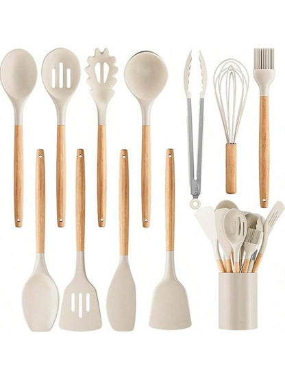 Silicone Cooking Utensil Set,12 PCS Cooking Cookware Kitchen Utensils Set For Cooking, Nonstick 446°F Heat-Resistant Cookware Kitchen Tools Of Spoon,Brush,Whisk,Spatula,Turner Tongs (Khaki)