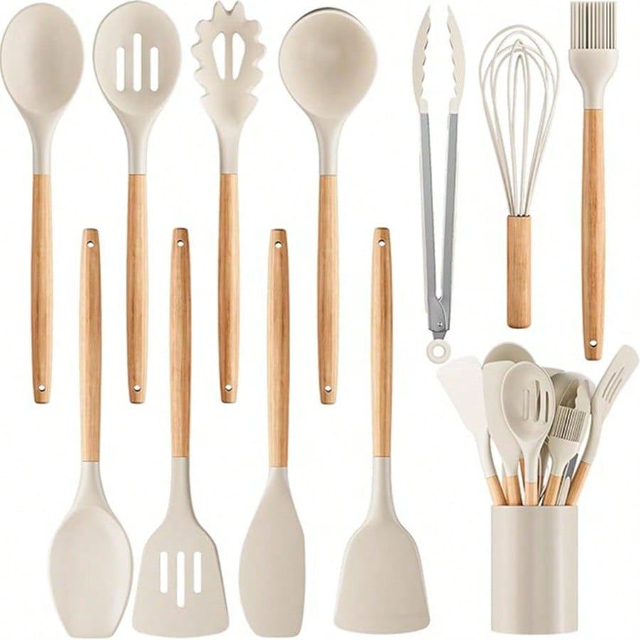 Silicone Cooking Utensil Set,12 PCS Cooking Cookware Kitchen Utensils Set For Cooking, Nonstick 446°F Heat-Resistant Cookware Kitchen Tools Of Spoon,Brush,Whisk,Spatula,Turner Tongs (Khaki)