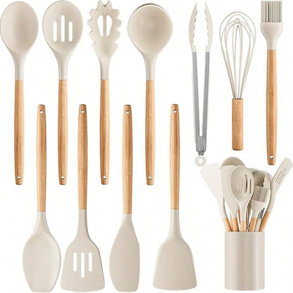 Silicone Cooking Utensil Set,12 PCS Cooking Cookware Kitchen Utensils Set For Cooking, Nonstick 446°F Heat-Resistant Cookware Kitchen Tools Of Spoon,Brush,Whisk,Spatula,Turner Tongs (Khaki)