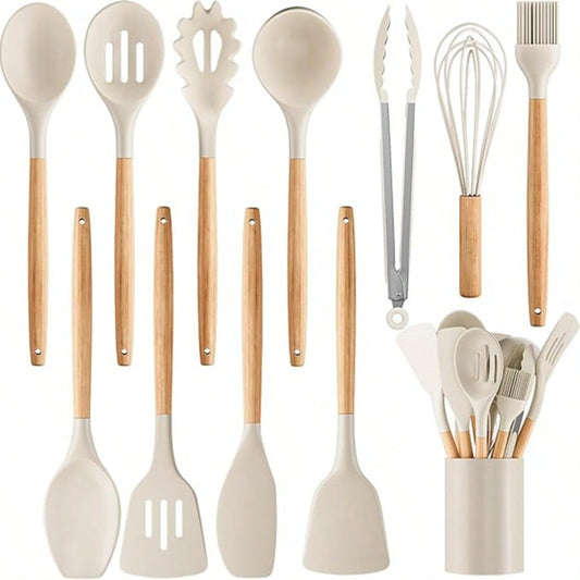 Silicone Cooking Utensil Set,12 PCS Cooking Cookware Kitchen Utensils Set For Cooking, Nonstick 446°F Heat-Resistant Cookware Kitchen Tools Of Spoon,Brush,Whisk,Spatula,Turner Tongs (Khaki)